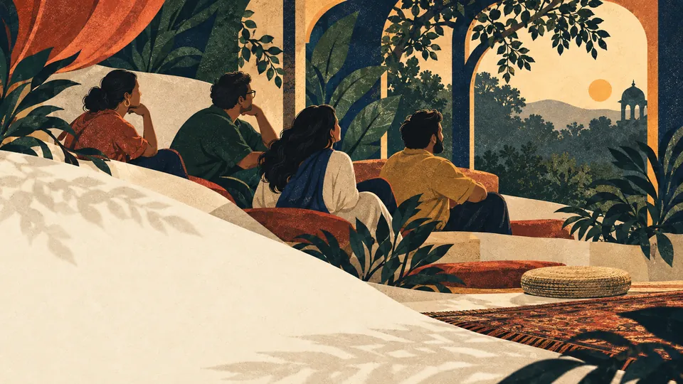 Textured illustration of people sharing time and listening together