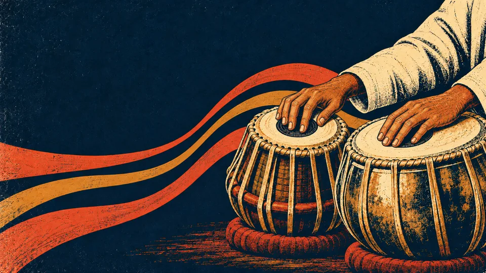 Print illustration of tabla playing and flowing rhythm