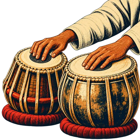 Illustrated hands playing a complete pair of tabla
